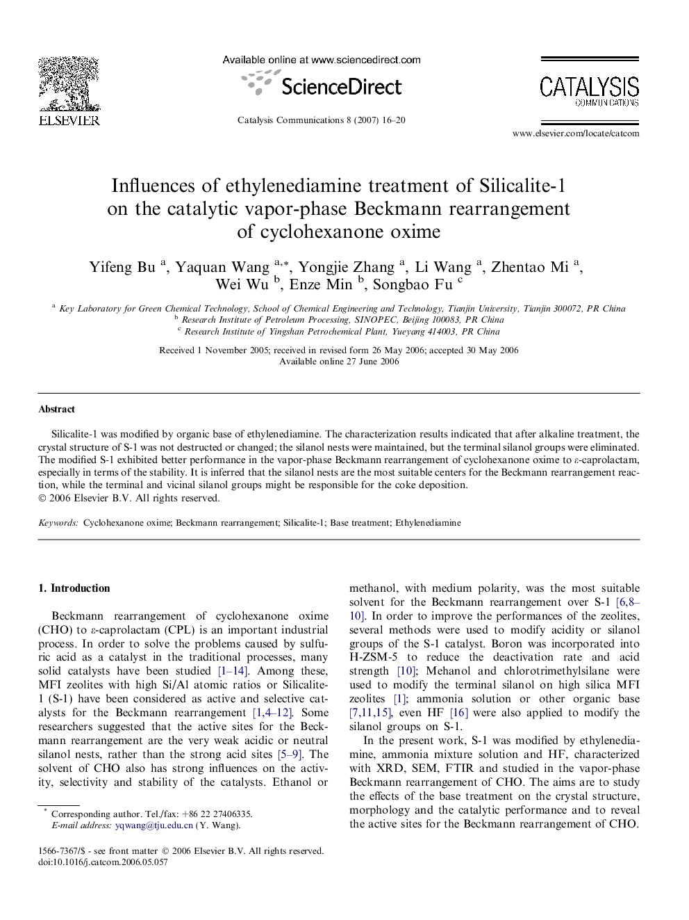 Influences of ethylenediamine treatment of Silicalite-1 on the catalytic vapor-phase Beckmann rearrangement of cyclohexanone oxime