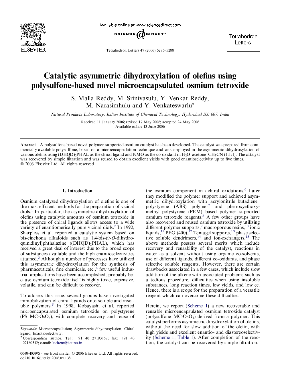 Catalytic asymmetric dihydroxylation of olefins using polysulfone-based novel microencapsulated osmium tetroxide