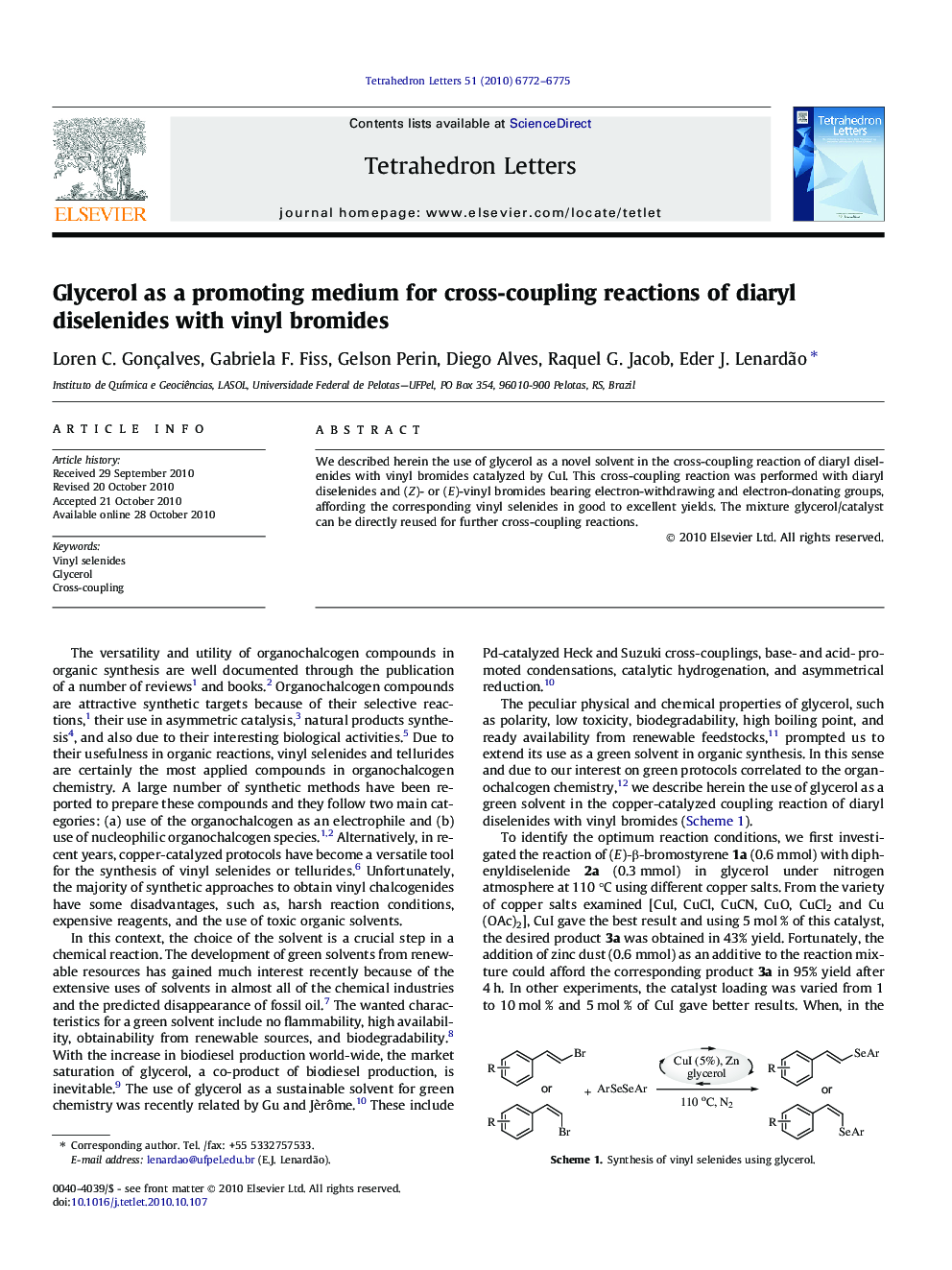 Glycerol as a promoting medium for cross-coupling reactions of diaryl diselenides with vinyl bromides