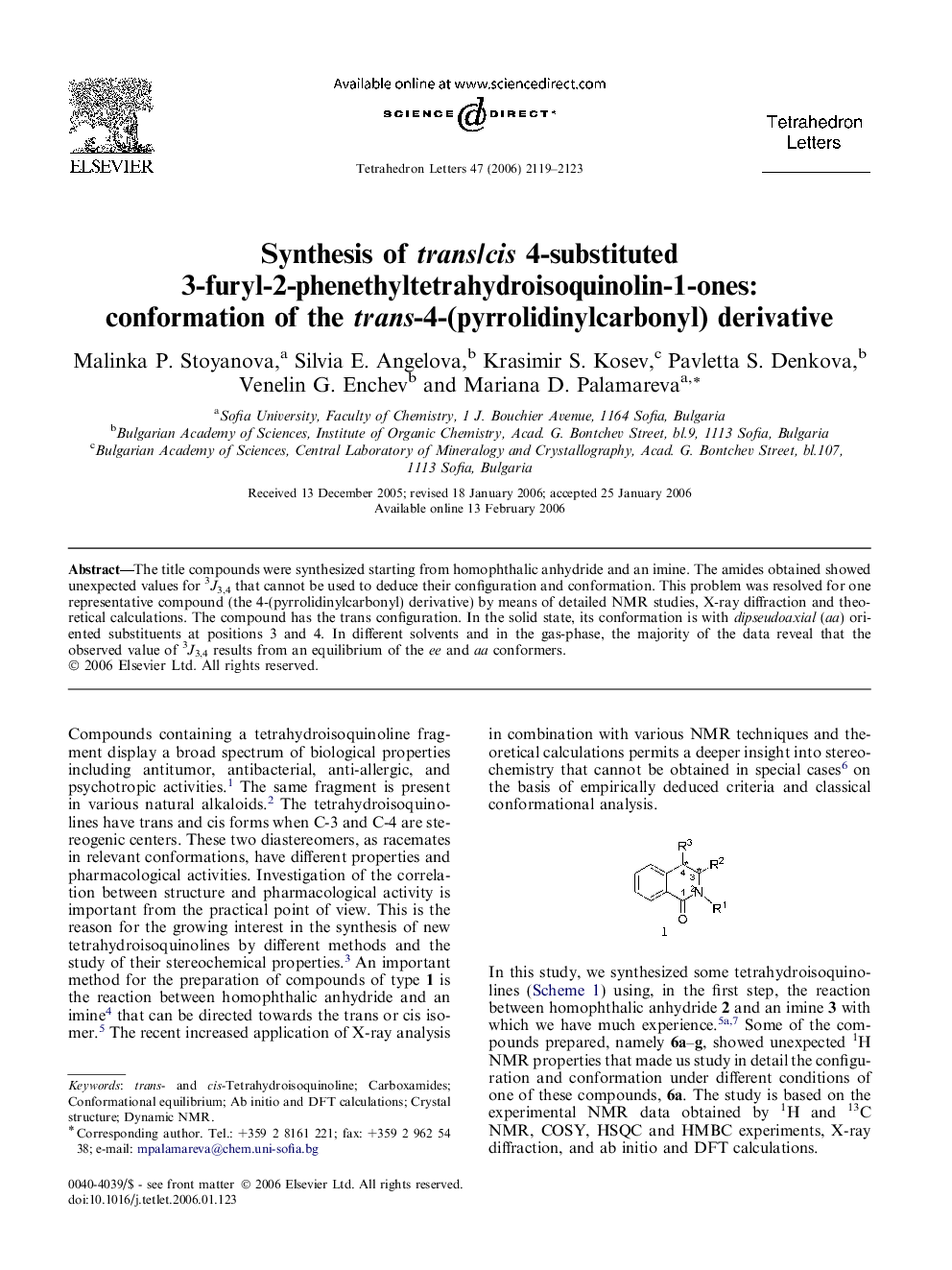 Synthesis of trans/cis 4-substituted 3-furyl-2-phenethyltetrahydroisoquinolin-1-ones: conformation of the trans-4-(pyrrolidinylcarbonyl) derivative