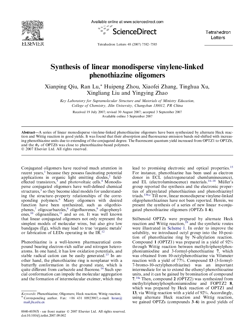 Synthesis of linear monodisperse vinylene-linked phenothiazine oligomers