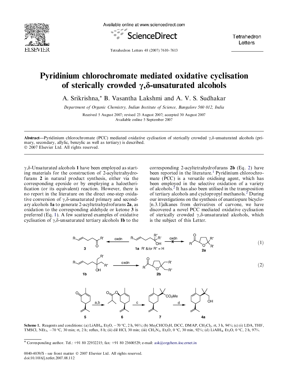 Pyridinium chlorochromate mediated oxidative cyclisation of sterically crowded Î³,Î´-unsaturated alcohols