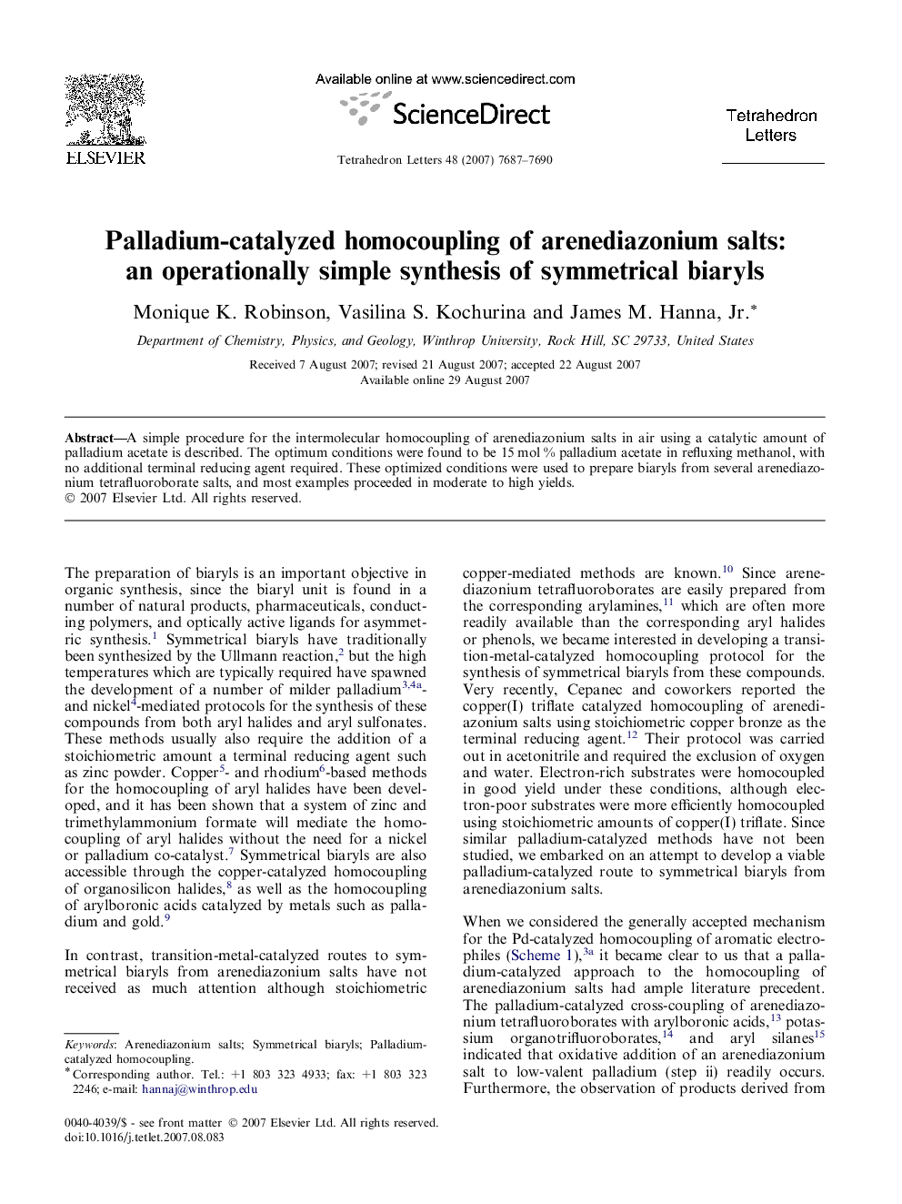 Palladium-catalyzed homocoupling of arenediazonium salts: an operationally simple synthesis of symmetrical biaryls