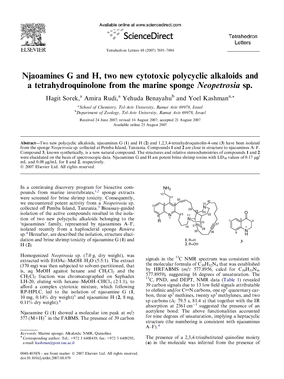 Njaoamines G and H, two new cytotoxic polycyclic alkaloids and a tetrahydroquinolone from the marine sponge Neopetrosia sp.