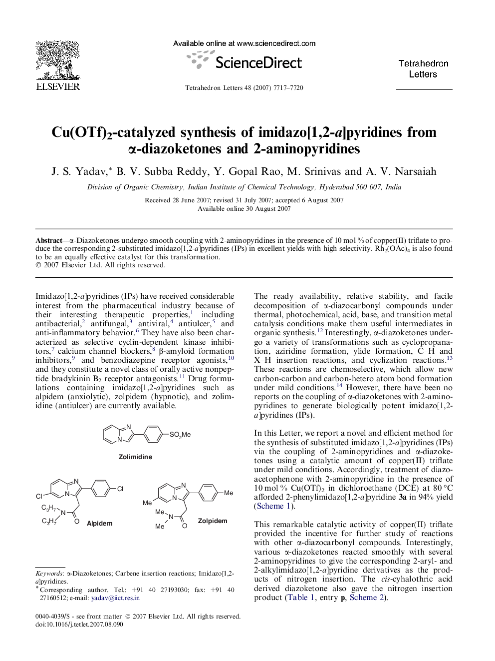 Cu(OTf)2-catalyzed synthesis of imidazo[1,2-a]pyridines from Î±-diazoketones and 2-aminopyridines