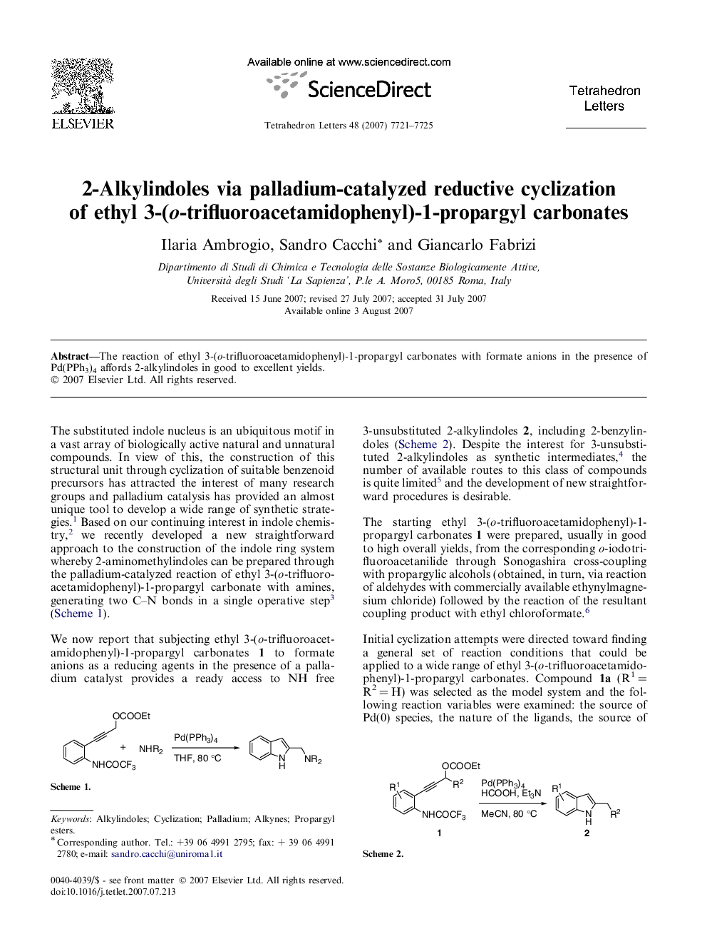 2-Alkylindoles via palladium-catalyzed reductive cyclization of ethyl 3-(o-trifluoroacetamidophenyl)-1-propargyl carbonates