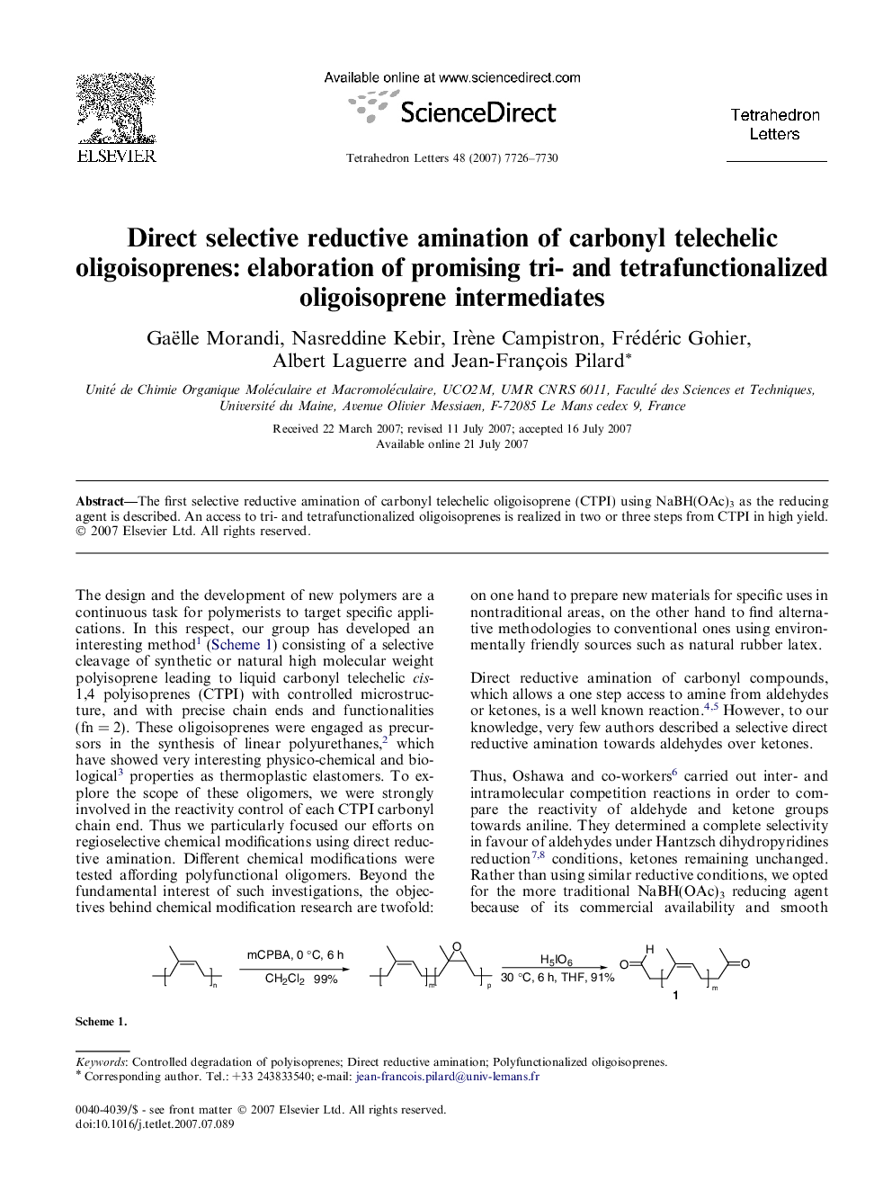 Direct selective reductive amination of carbonyl telechelic oligoisoprenes: elaboration of promising tri- and tetrafunctionalized oligoisoprene intermediates
