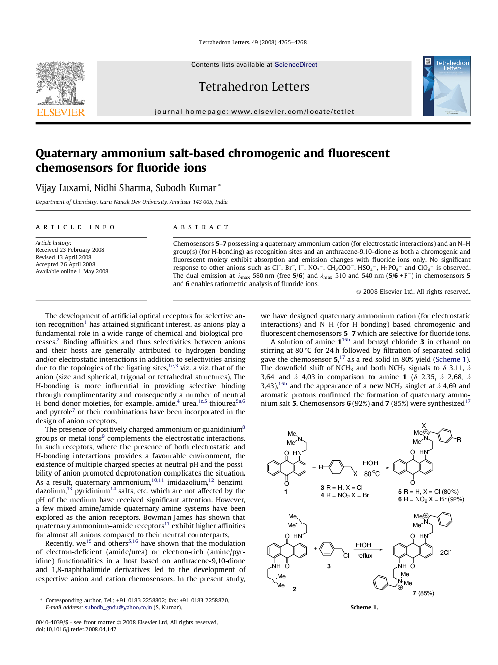 Quaternary ammonium salt-based chromogenic and fluorescent chemosensors for fluoride ions