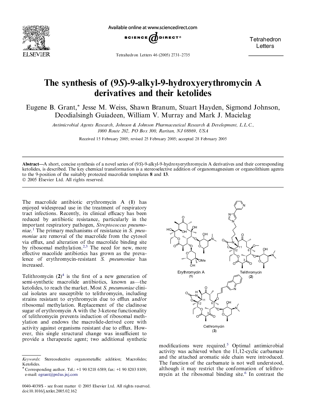 The synthesis of (9S)-9-alkyl-9-hydroxyerythromycin A derivatives and their ketolides