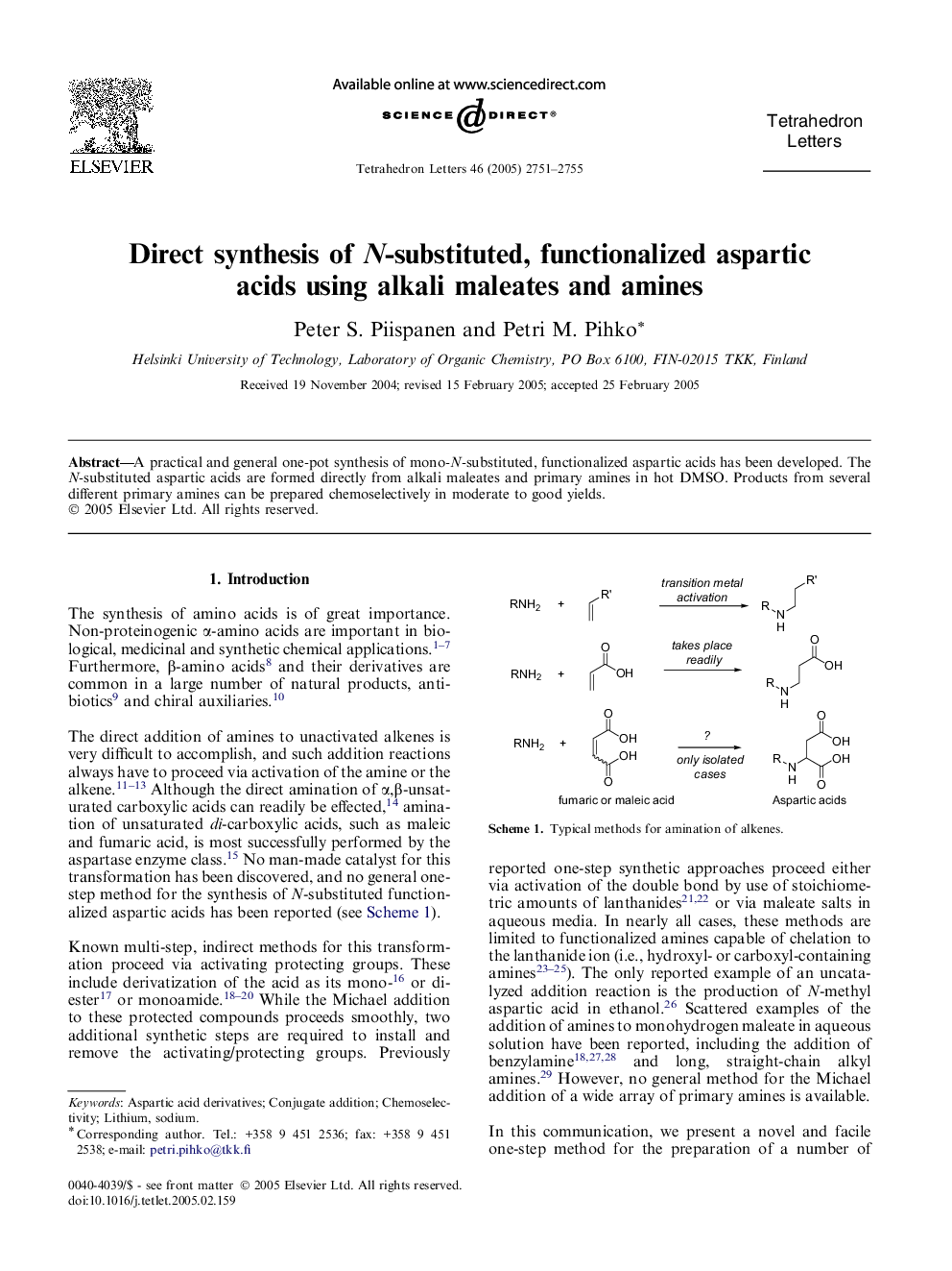 Direct synthesis of N-substituted, functionalized aspartic acids using alkali maleates and amines