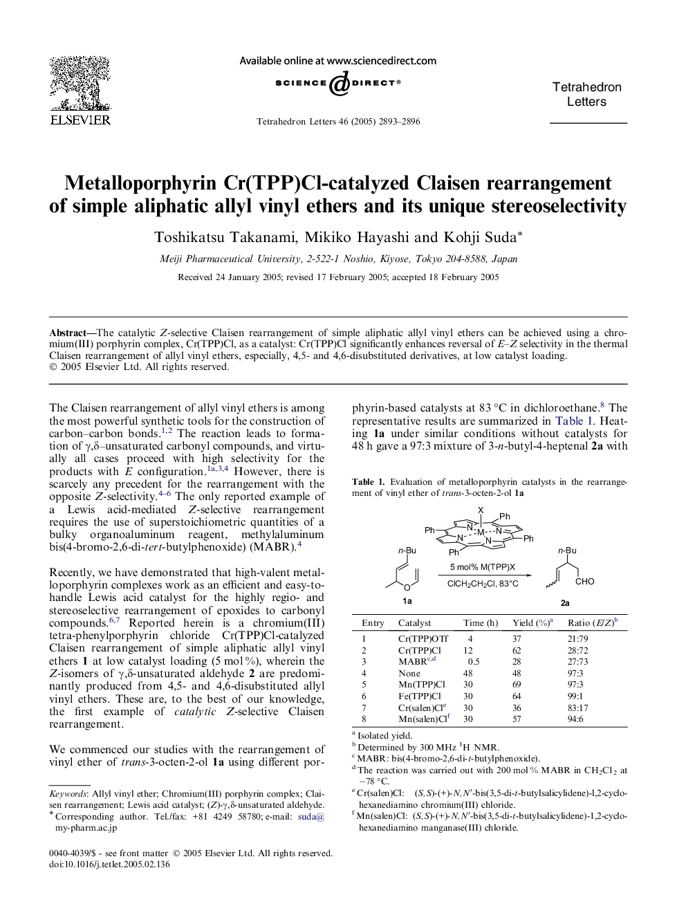Metalloporphyrin Cr(TPP)Cl-catalyzed Claisen rearrangement of simple aliphatic allyl vinyl ethers and its unique stereoselectivity