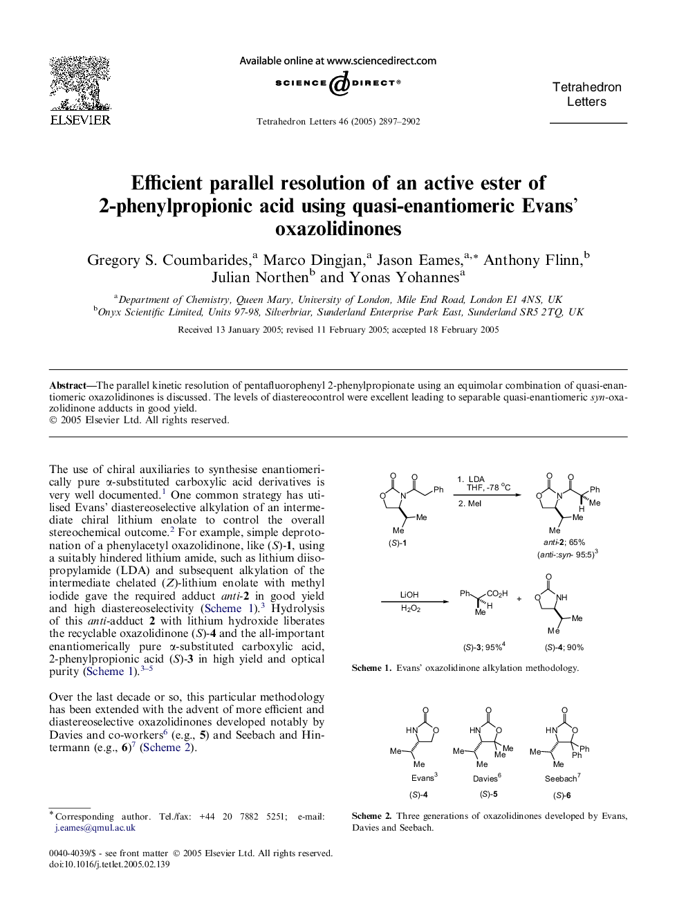 Efficient parallel resolution of an active ester of 2-phenylpropionic acid using quasi-enantiomeric Evans' oxazolidinones