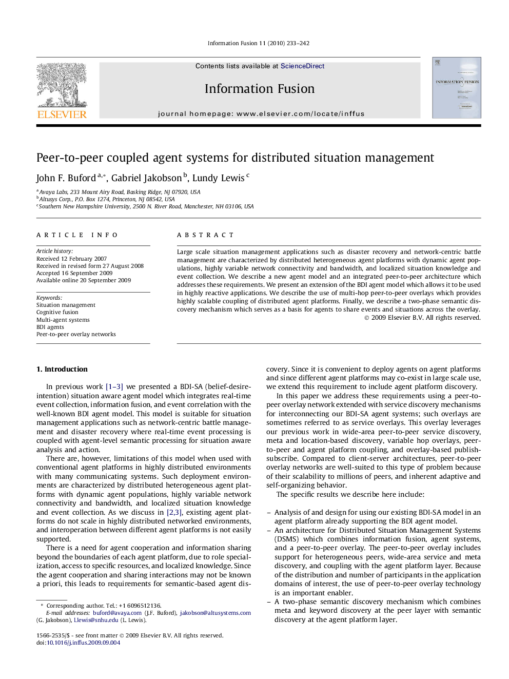 Peer-to-peer coupled agent systems for distributed situation management