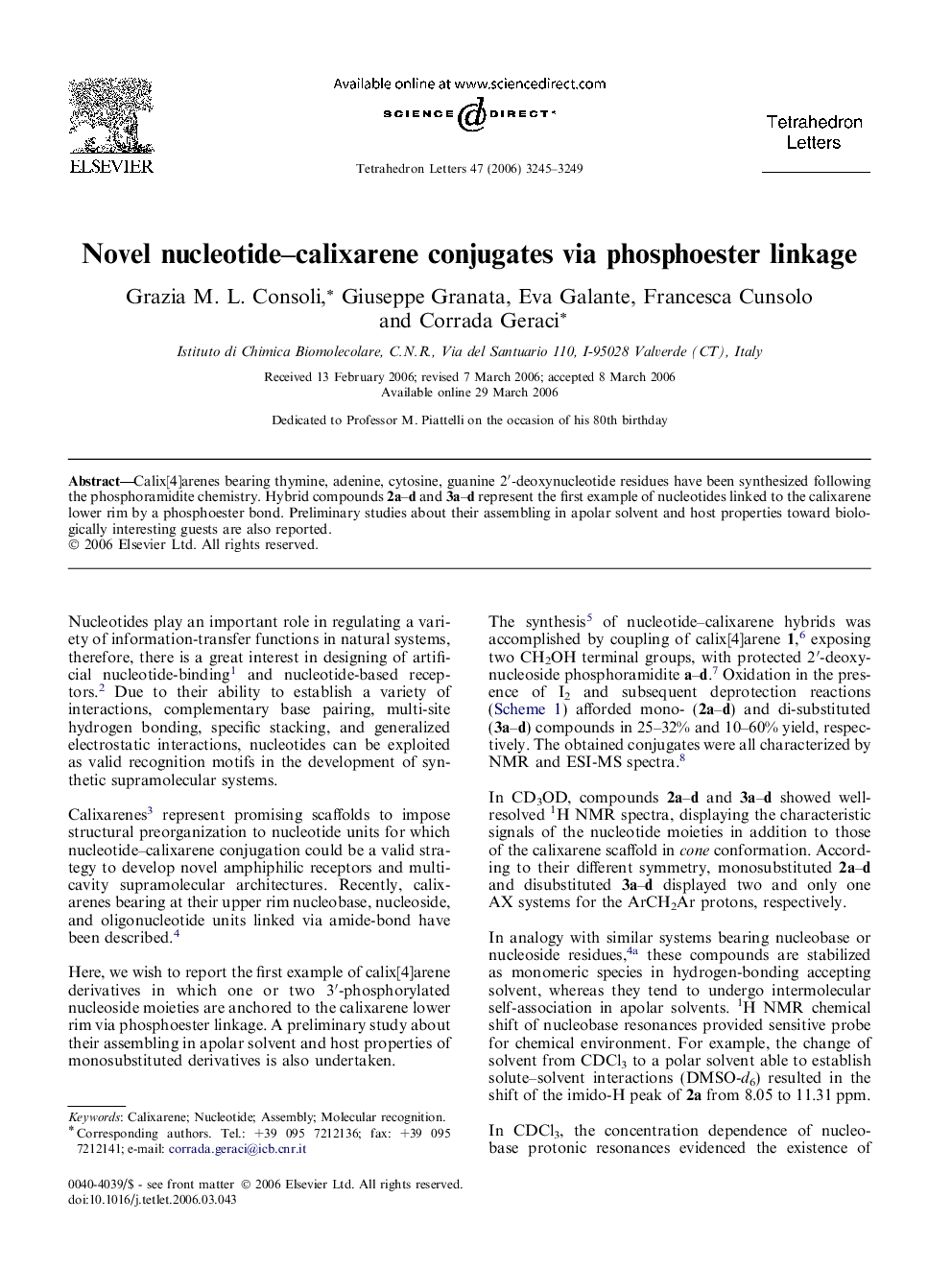 Novel nucleotide-calixarene conjugates via phosphoester linkage