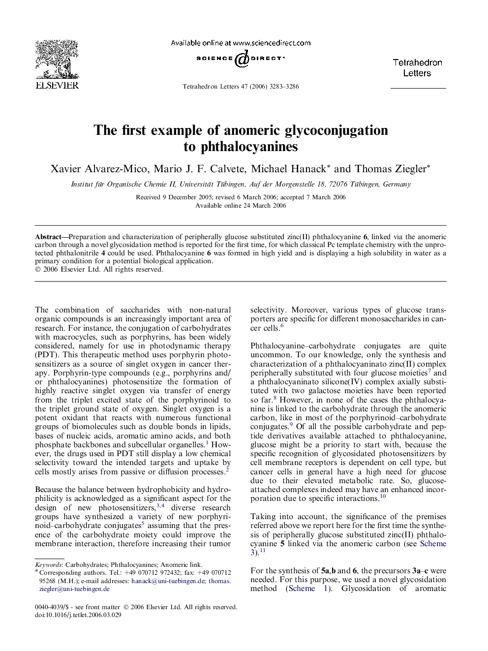 The first example of anomeric glycoconjugation to phthalocyanines