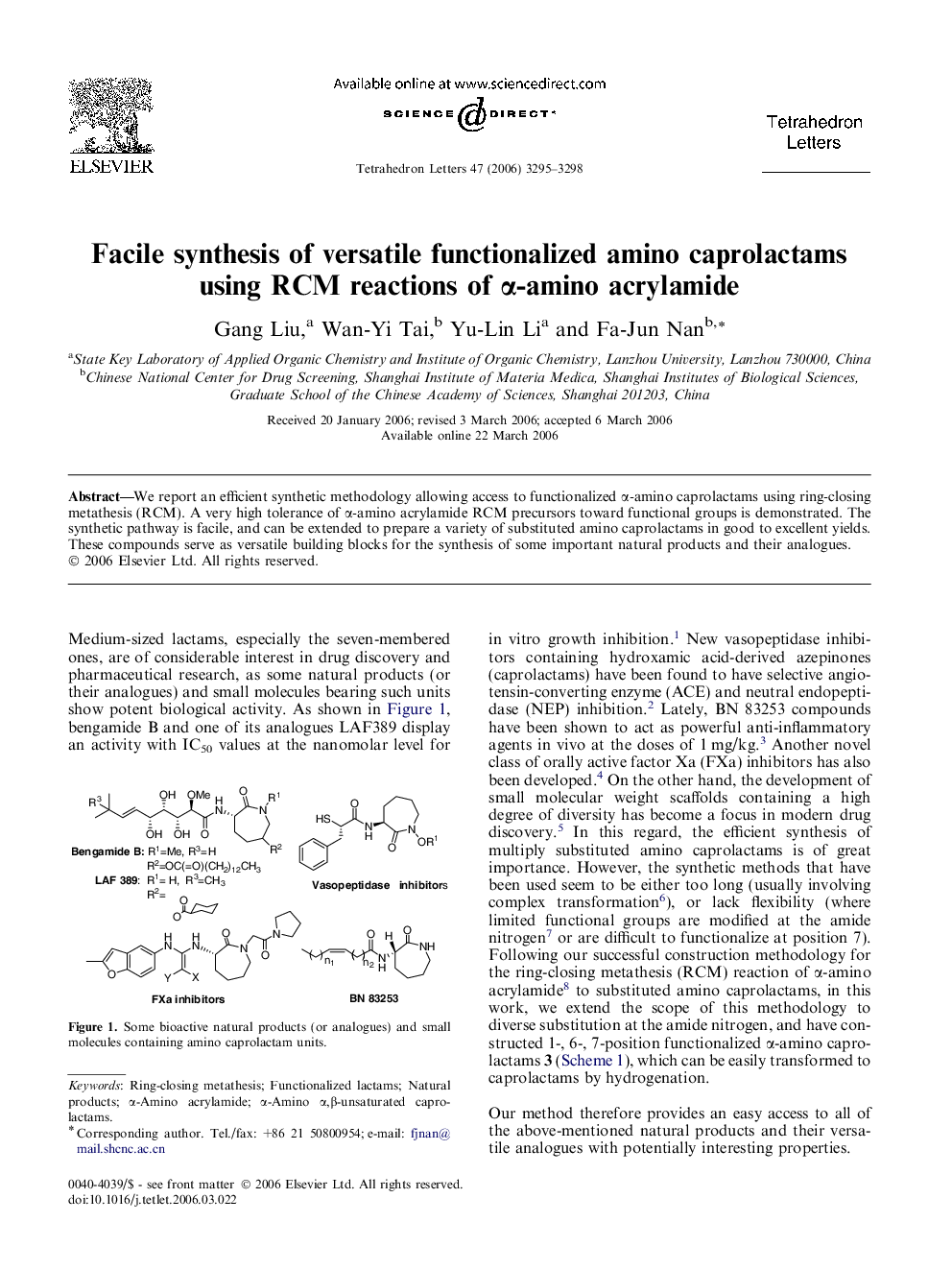 Facile synthesis of versatile functionalized amino caprolactams using RCM reactions of Î±-amino acrylamide