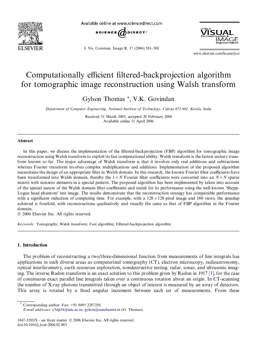 Computationally efficient filtered-backprojection algorithm for tomographic image reconstruction using Walsh transform