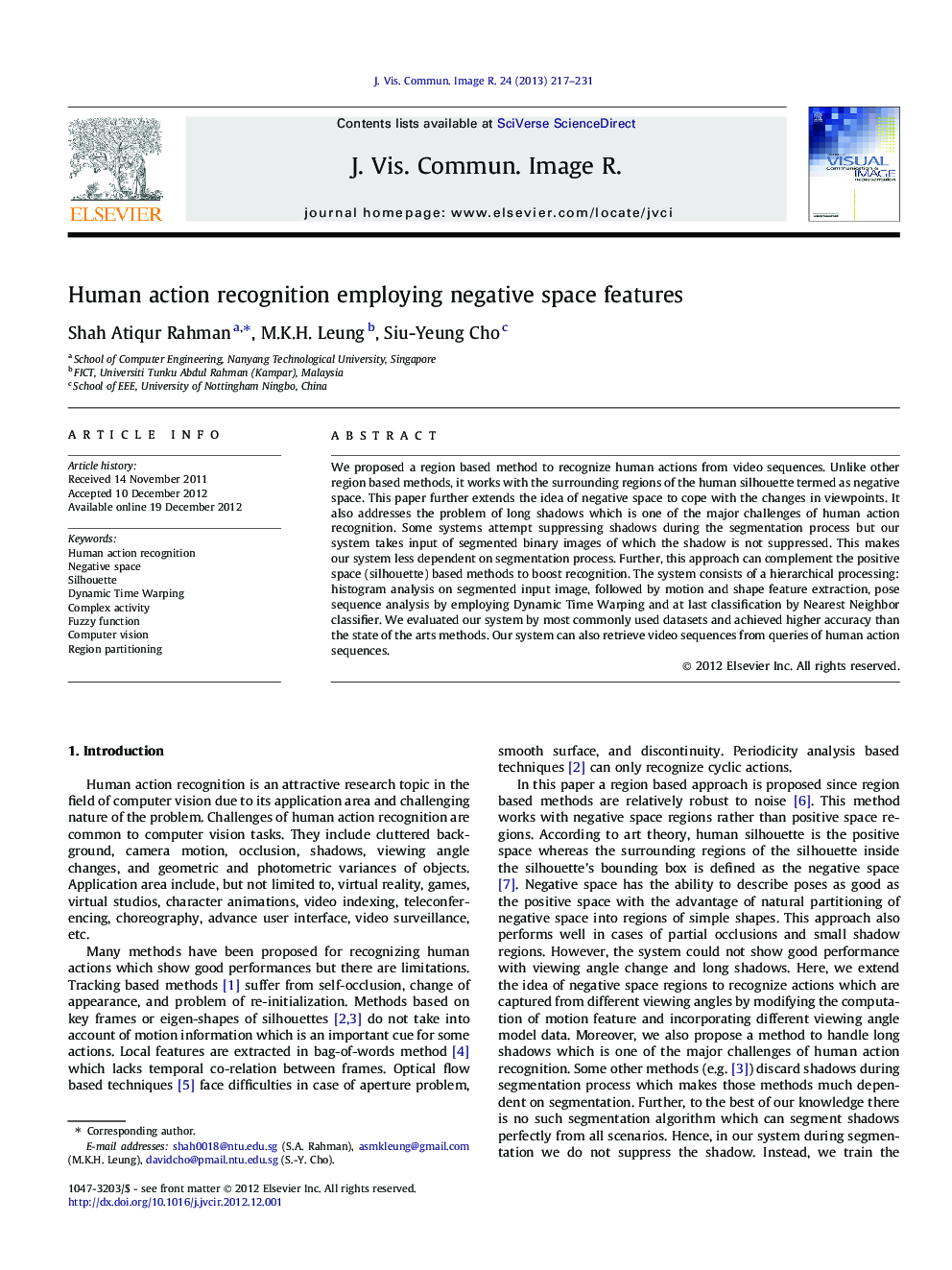 Human action recognition employing negative space features