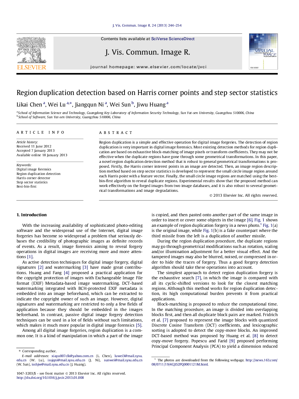 Region duplication detection based on Harris corner points and step sector statistics