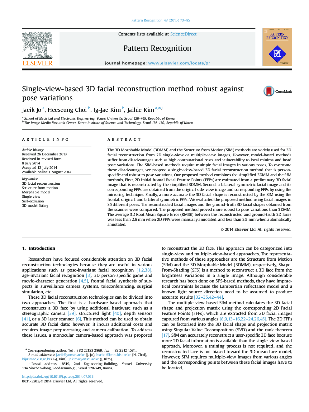 Single-view-based 3D facial reconstruction method robust against pose variations