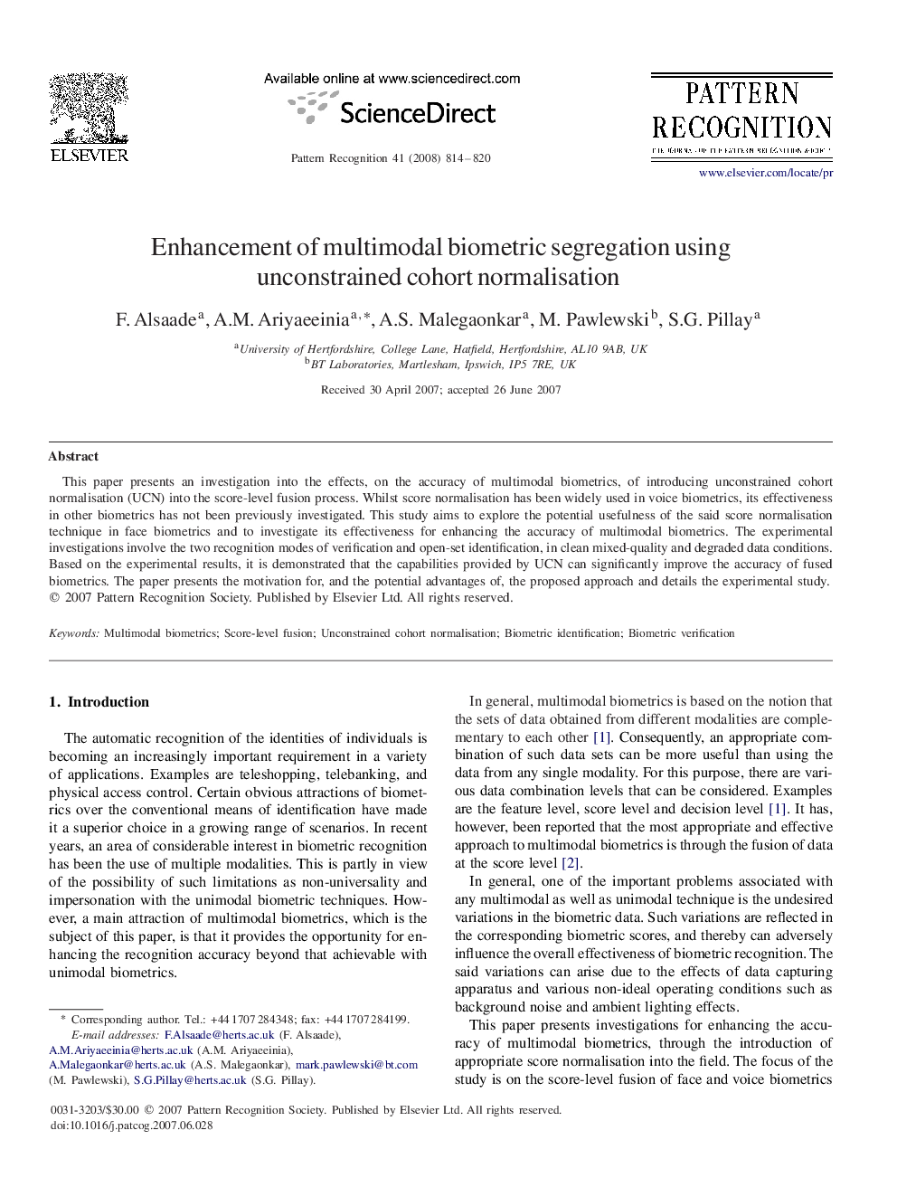 Enhancement of multimodal biometric segregation using unconstrained cohort normalisation