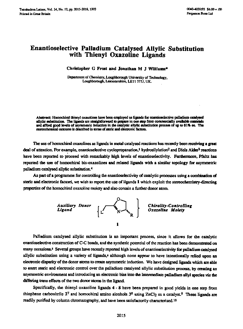 Enantioselective palladium catalysed allylic substitution with thienyl oxazoline ligands
