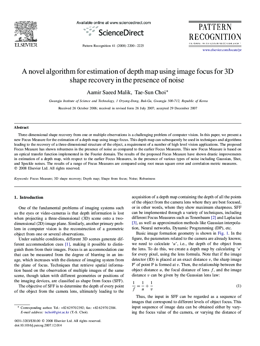 A novel algorithm for estimation of depth map using image focus for 3D shape recovery in the presence of noise