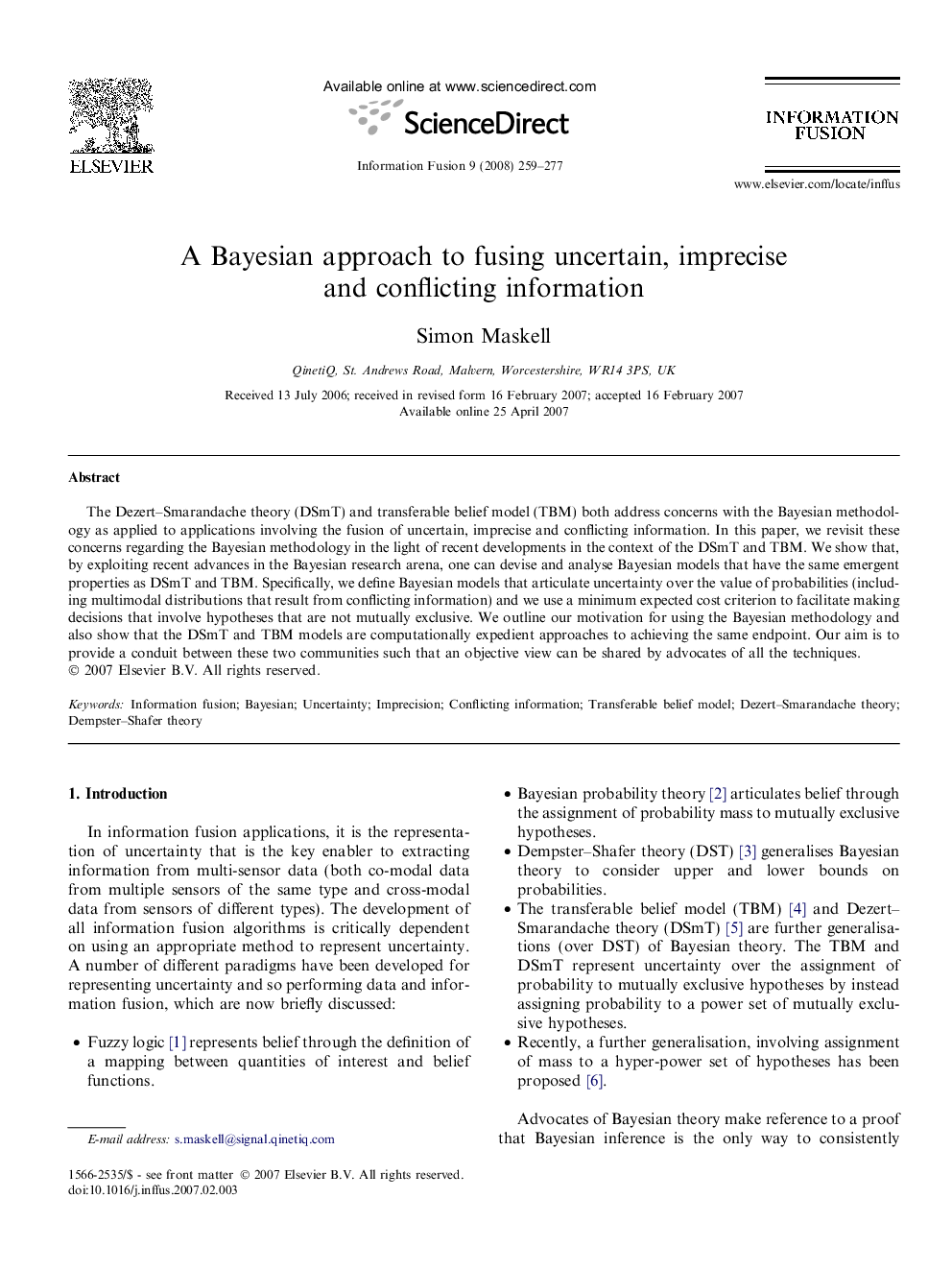 A Bayesian approach to fusing uncertain, imprecise and conflicting information