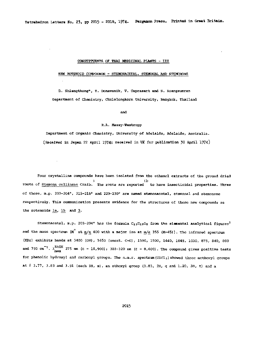 Constituents of thai medicinal plants - III new rotenoid compounds - stemonacetal, stemonal and stemonone