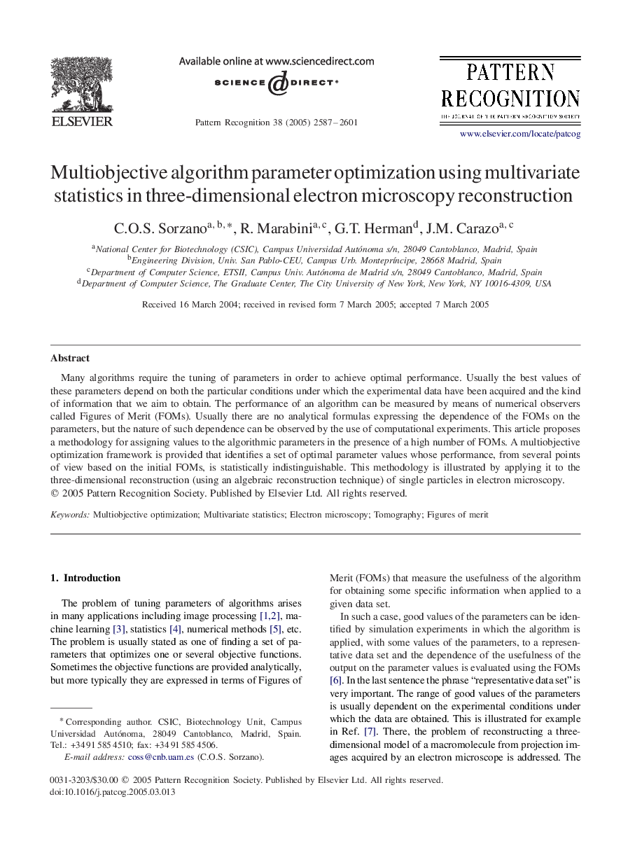 Multiobjective algorithm parameter optimization using multivariate statistics in three-dimensional electron microscopy reconstruction