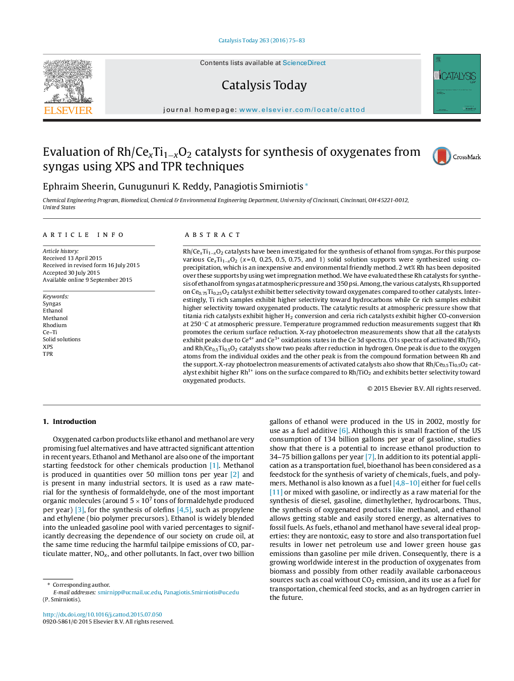 Evaluation of Rh/CexTi1−xO2 catalysts for synthesis of oxygenates from syngas using XPS and TPR techniques