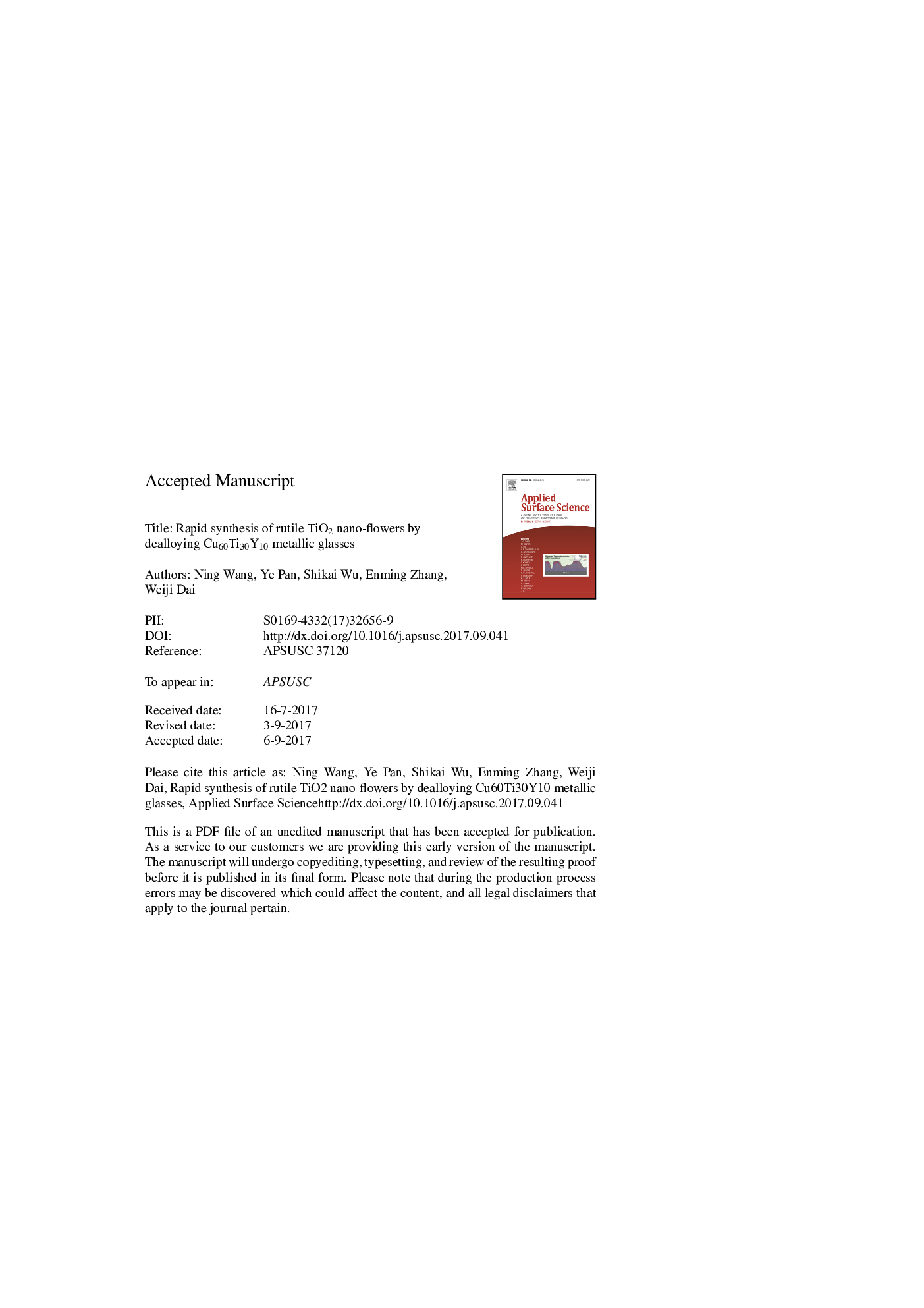 Rapid synthesis of rutile TiO2 nano-flowers by dealloying Cu60Ti30Y10 metallic glasses