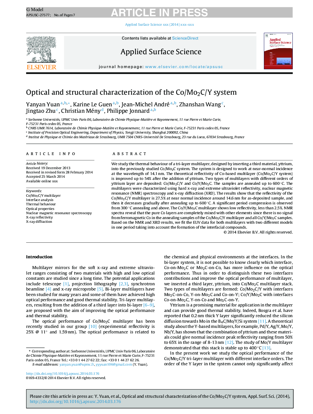 Optical and structural characterization of the Co/Mo2C/Y system