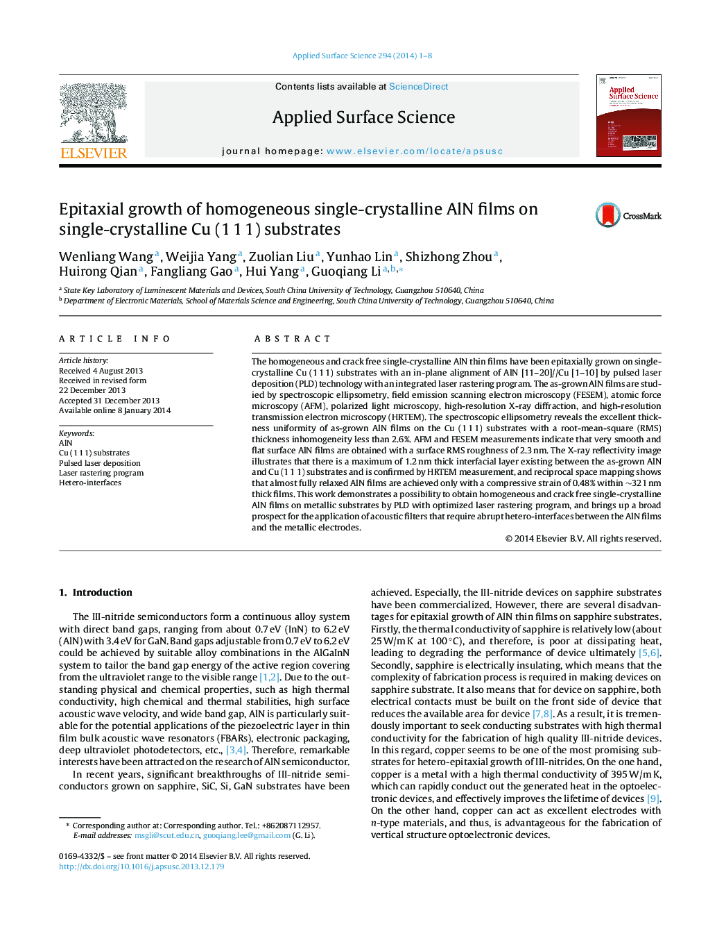 Epitaxial growth of homogeneous single-crystalline AlN films on single-crystalline Cu (1Â 1Â 1) substrates