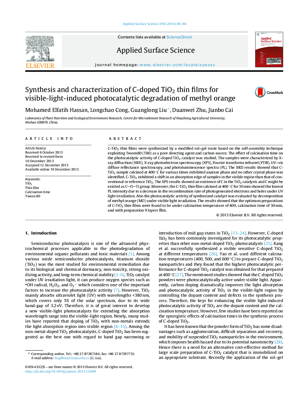 Synthesis and characterization of C-doped TiO2 thin films for visible-light-induced photocatalytic degradation of methyl orange