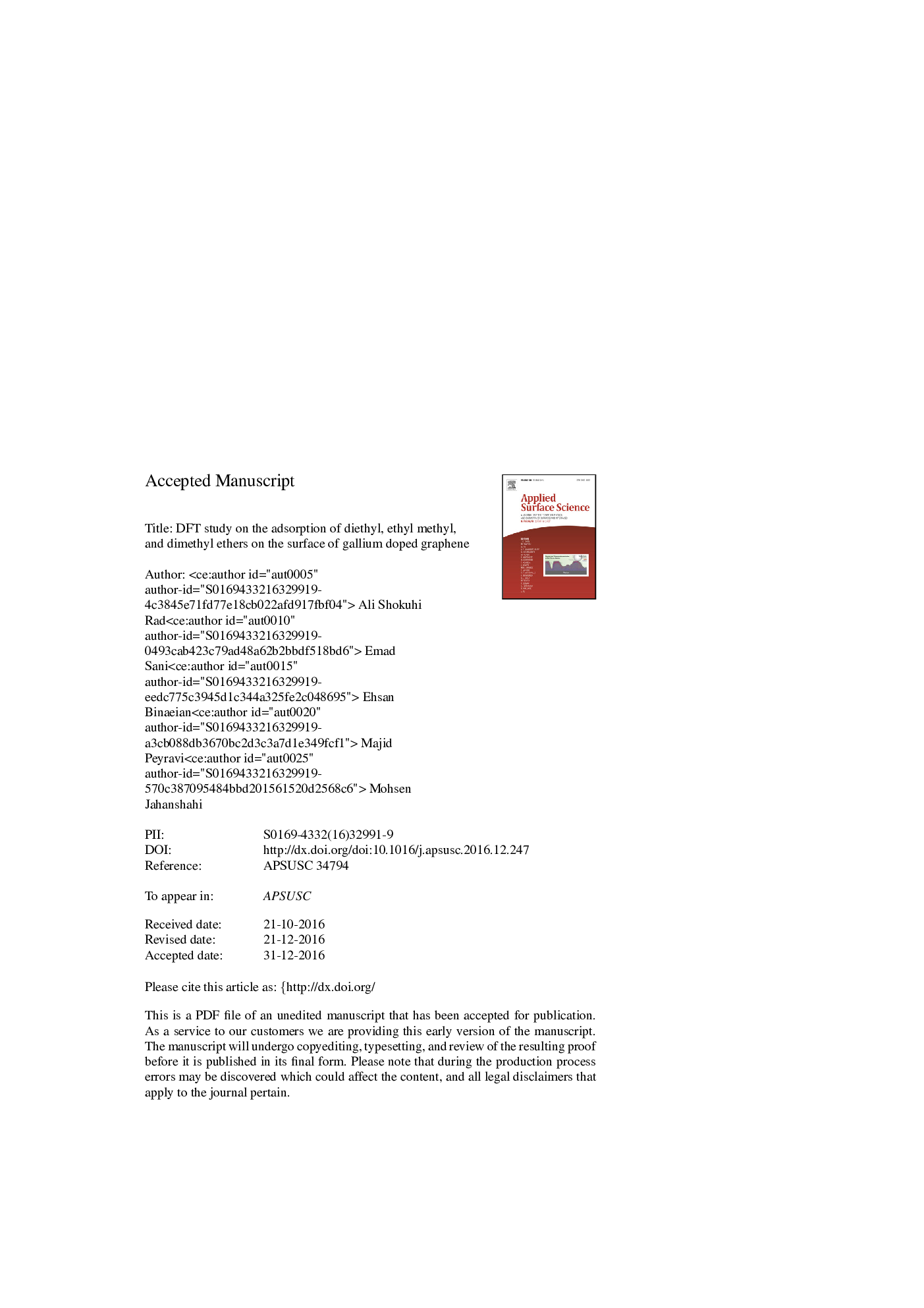 DFT study on the adsorption of diethyl, ethyl methyl, and dimethyl ethers on the surface of gallium doped graphene