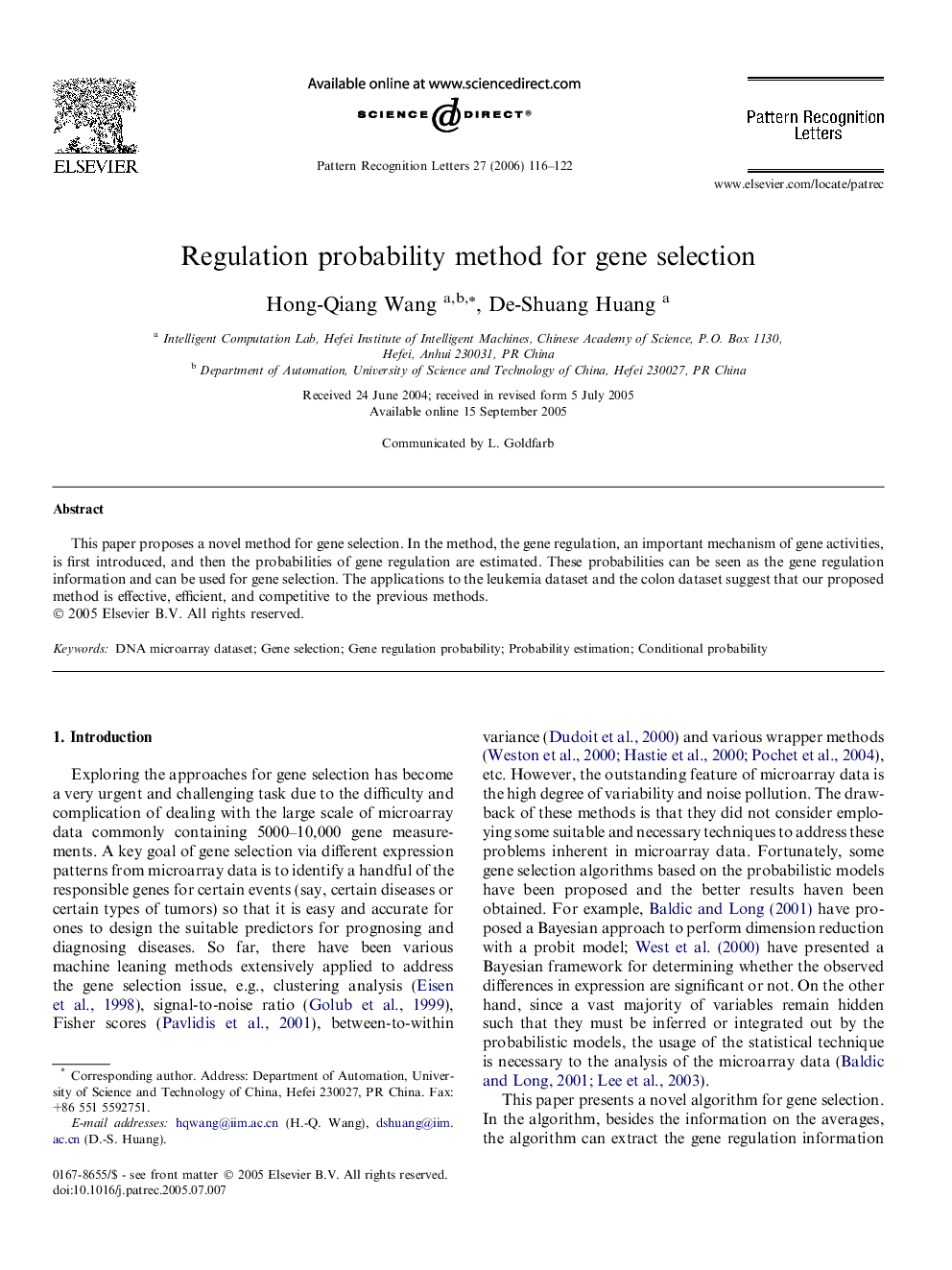 Regulation probability method for gene selection