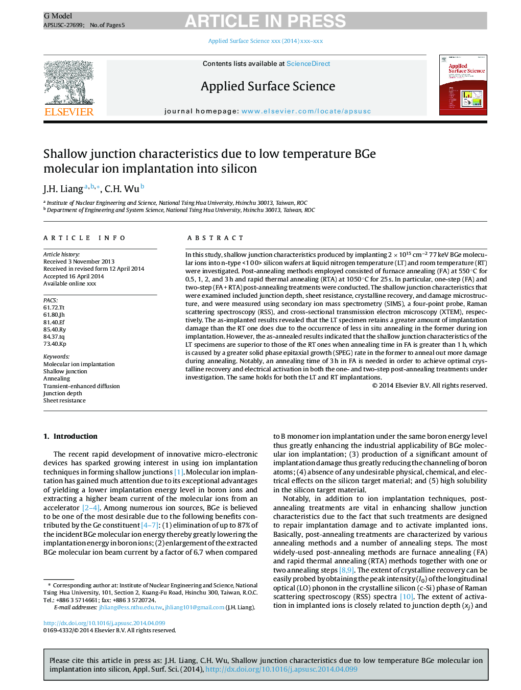 Shallow junction characteristics due to low temperature BGe molecular ion implantation into silicon