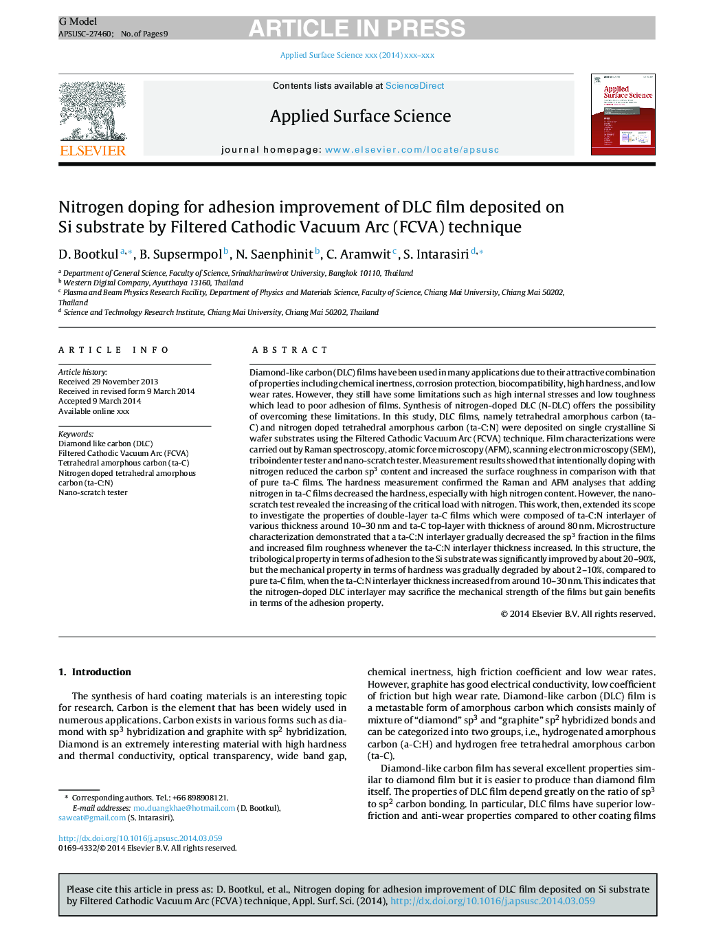 Nitrogen doping for adhesion improvement of DLC film deposited on Si substrate by Filtered Cathodic Vacuum Arc (FCVA) technique