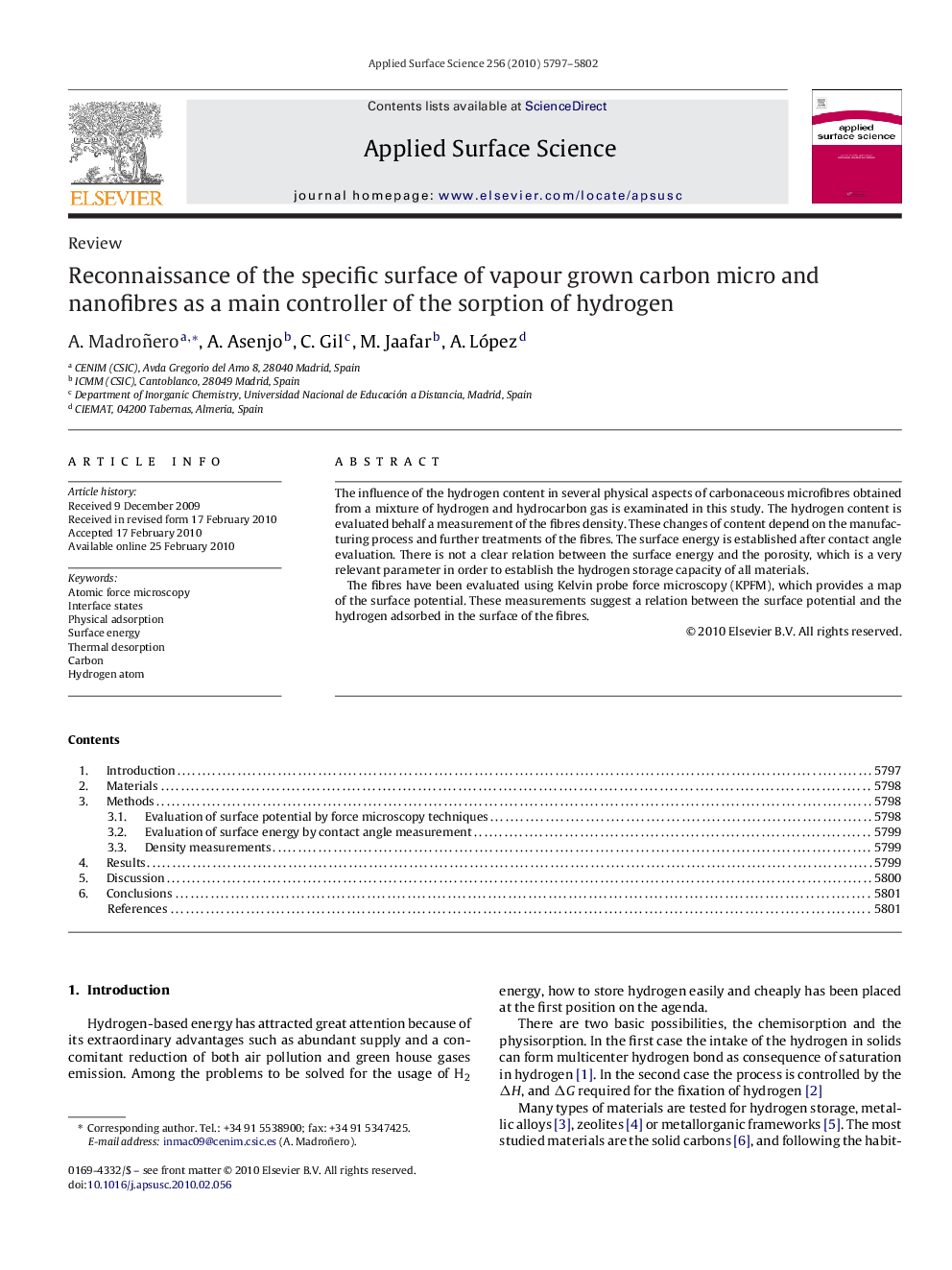 Reconnaissance of the specific surface of vapour grown carbon micro and nanofibres as a main controller of the sorption of hydrogen