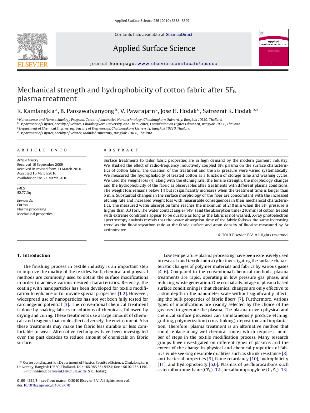 Mechanical strength and hydrophobicity of cotton fabric after SF6 plasma treatment