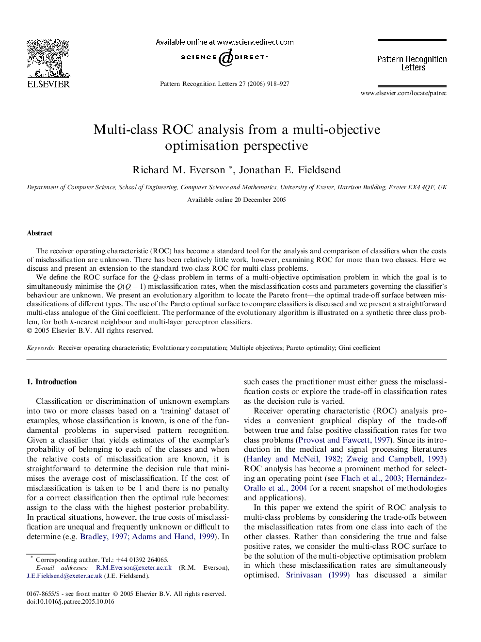 Multi-class ROC analysis from a multi-objective optimisation perspective