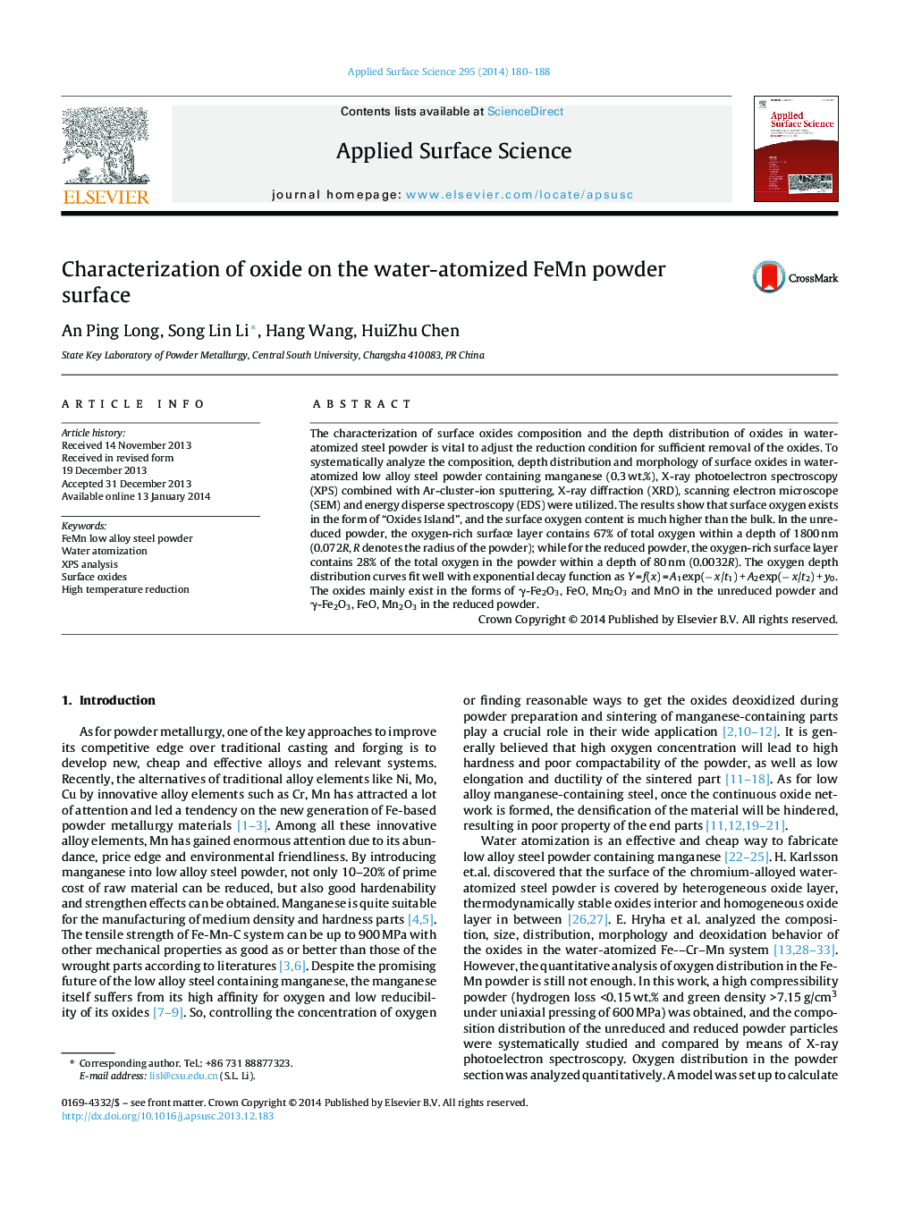 Characterization of oxide on the water-atomized FeMn powder surface