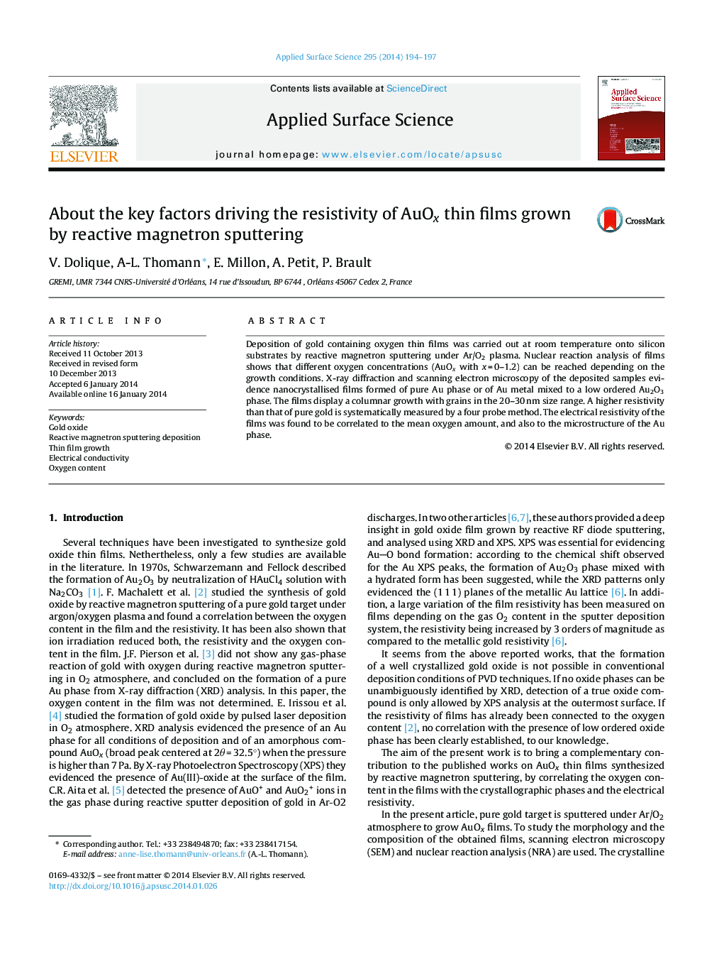 About the key factors driving the resistivity of AuOx thin films grown by reactive magnetron sputtering