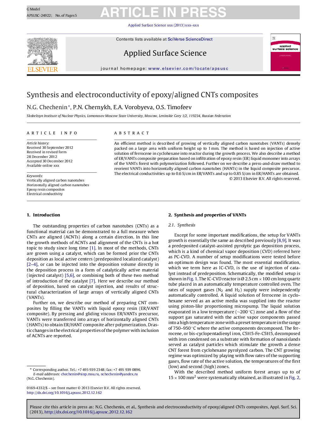 Synthesis and electroconductivity of epoxy/aligned CNTs composites