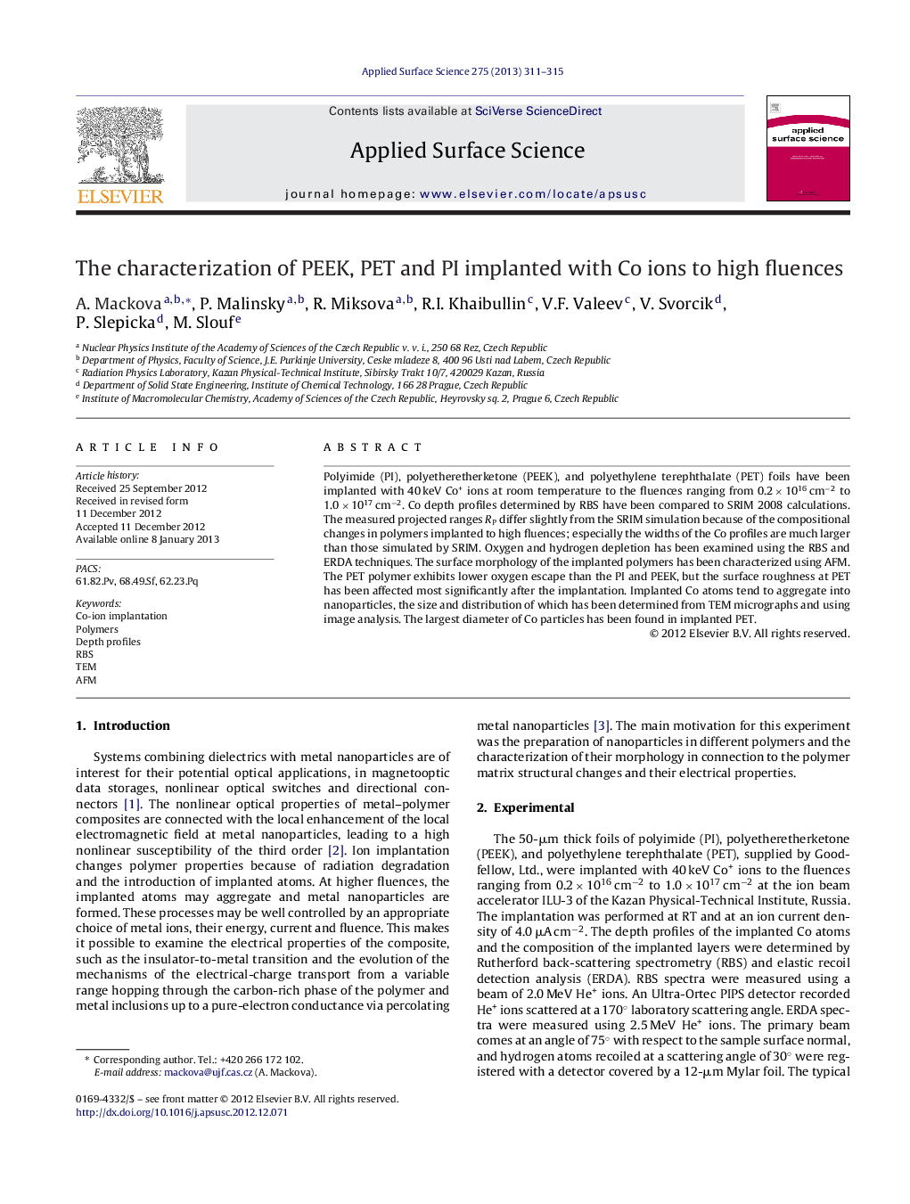 The characterization of PEEK, PET and PI implanted with Co ions to high fluences