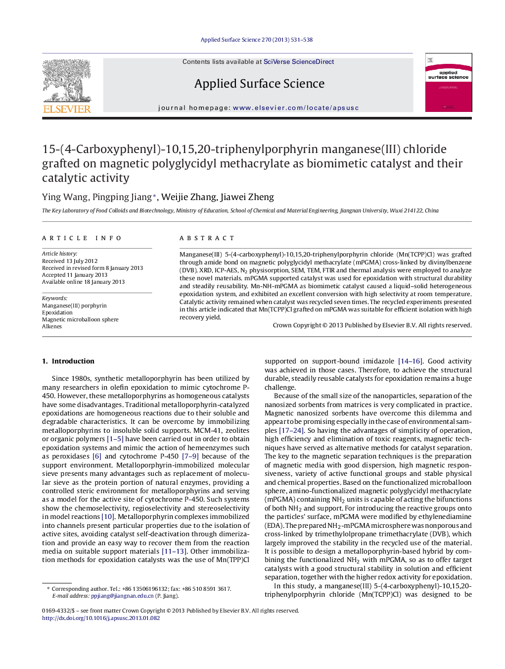 15-(4-Carboxyphenyl)-10,15,20-triphenylporphyrin manganese(III) chloride grafted on magnetic polyglycidyl methacrylate as biomimetic catalyst and their catalytic activity