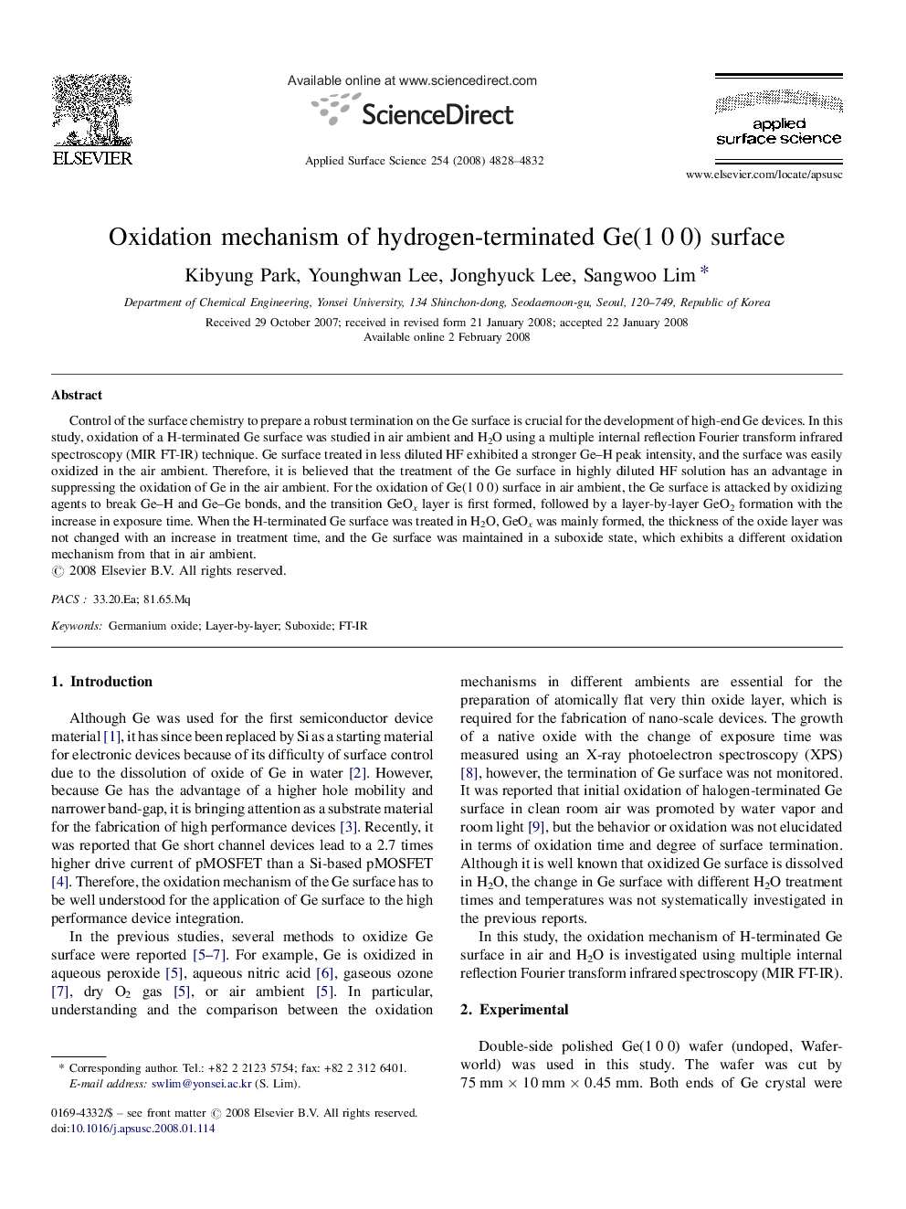 Oxidation mechanism of hydrogen-terminated Ge(1 0 0) surface