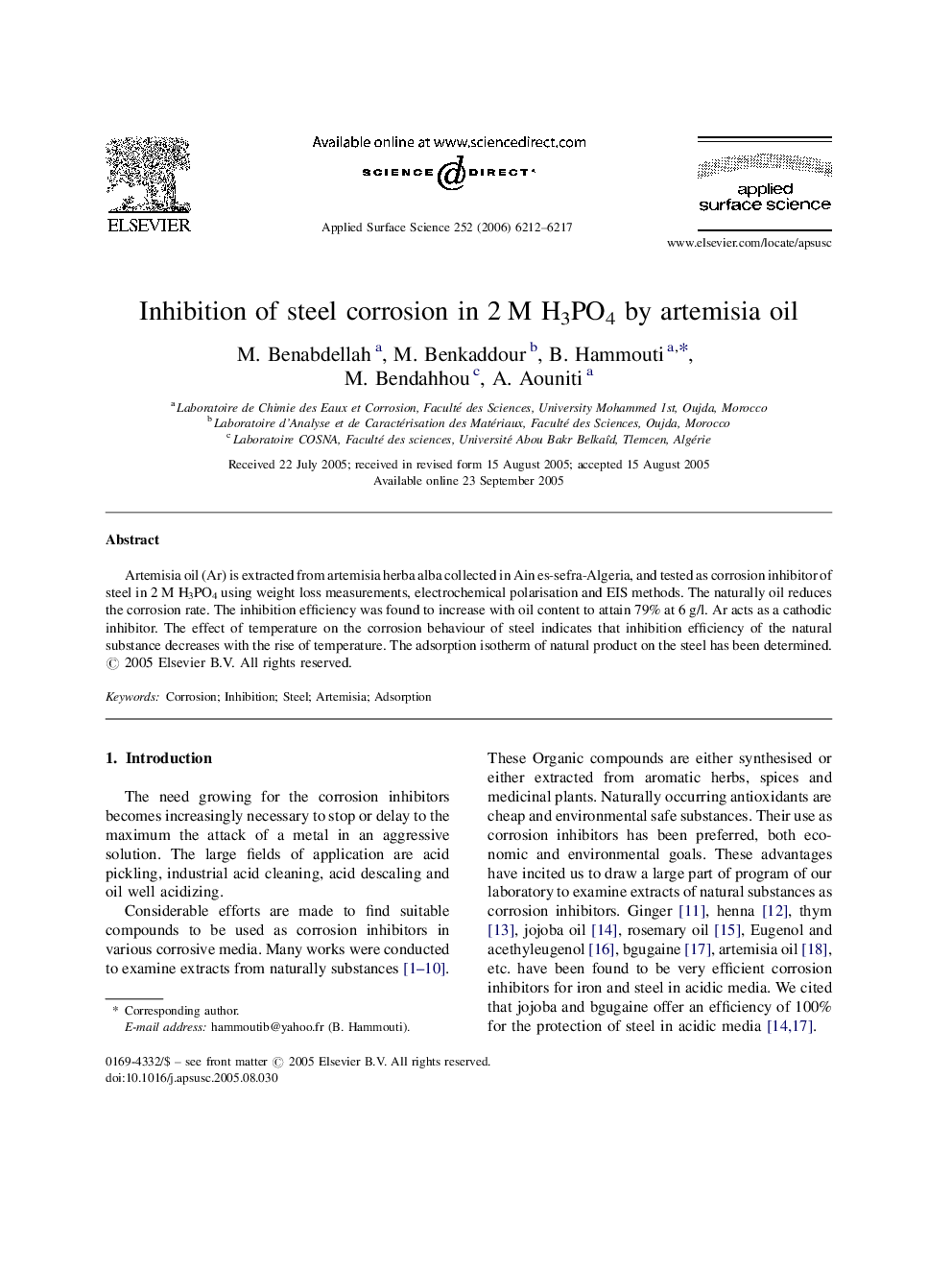 Inhibition of steel corrosion in 2 M H3PO4 by artemisia oil