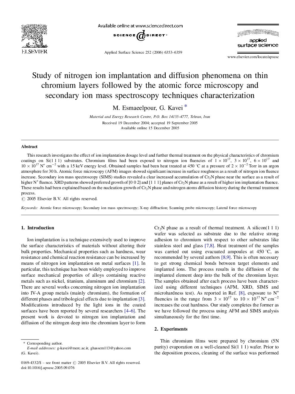 Study of nitrogen ion implantation and diffusion phenomena on thin chromium layers followed by the atomic force microscopy and secondary ion mass spectroscopy techniques characterization